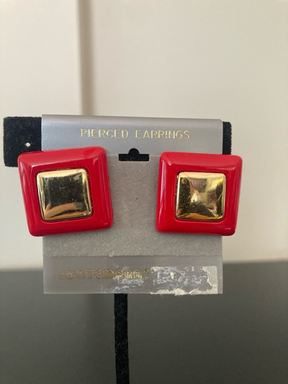 Red Square Earrings with Gold Center Detail